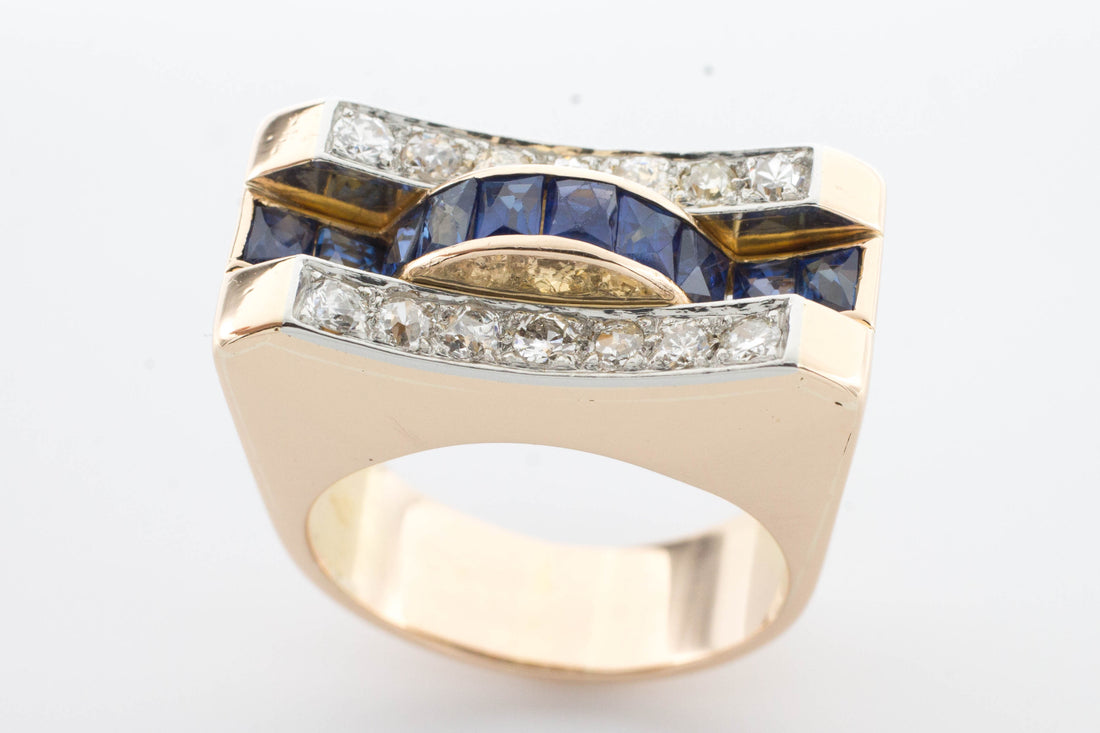 Art Deco style sapphire and diamond ring in rose gold.-Antique rings-The Antique Ring Shop, Amsterdam