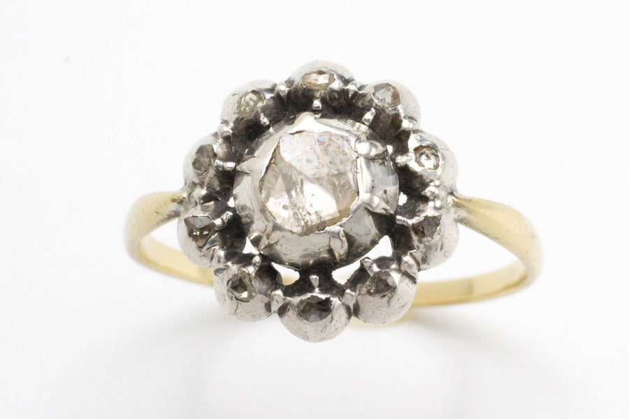 Classic rose diamond cluster ring in silver and gold.-Antique rings-The Antique Ring Shop