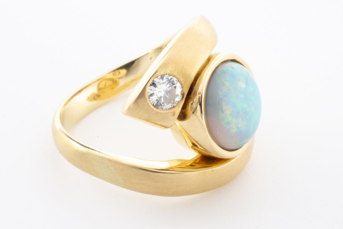 Opal and diamond ring in 14 carat matt gold-Vintage & retro rings-The Antique Ring Shop