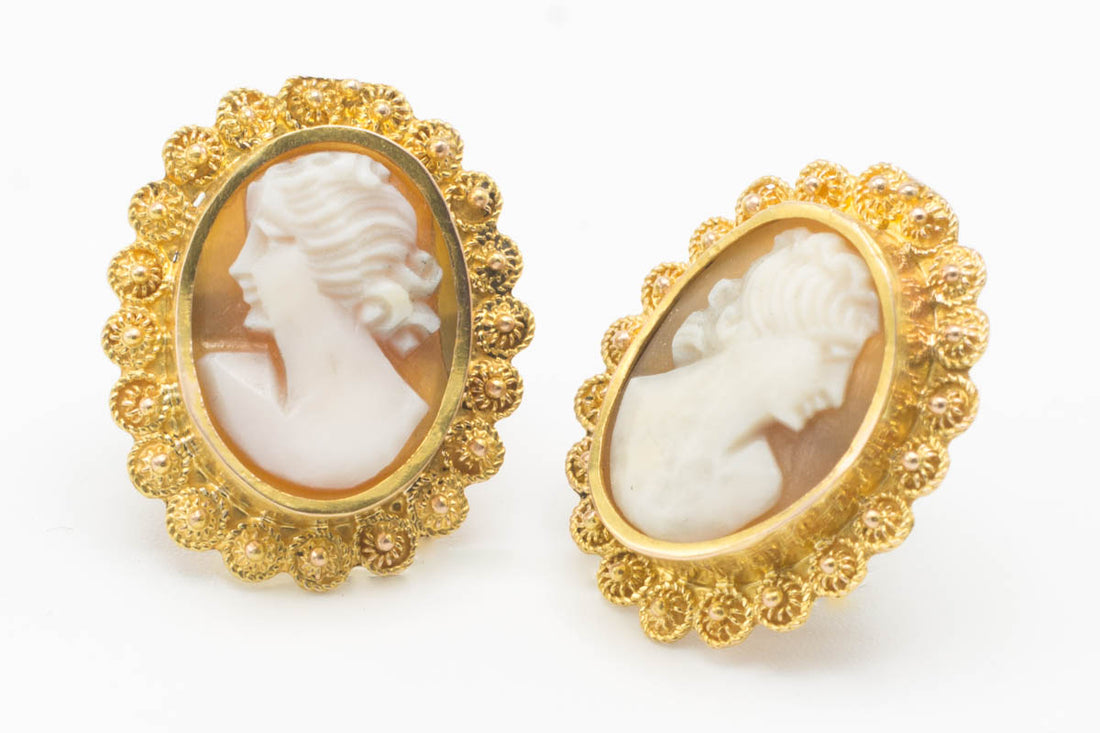 Cameo studs in gold and silver-Earrings-The Antique Ring Shop, Amsterdam