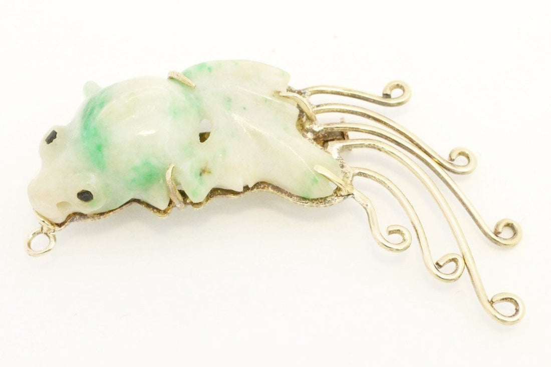 Jade carp fish brooch in 14 carat gold-Brooches-The Antique Ring Shop, Amsterdam