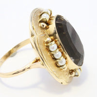 Smoked quartz and pearl cocktail ring in 14 carat gold-Vintage & retro rings-The Antique Ring Shop, Amsterdam