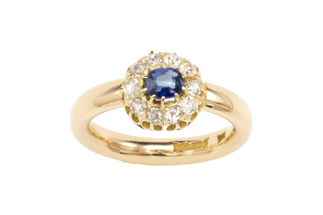 18 carat gold sapphire and diamond cluster ring-Antique rings-The Antique Ring Shop