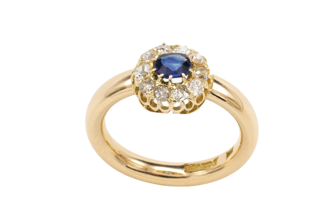 18 carat gold sapphire and diamond cluster ring-Antique rings-The Antique Ring Shop