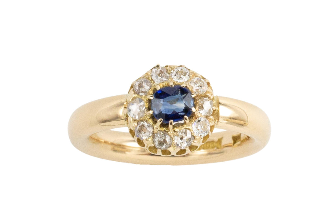 18 carat gold sapphire and diamond cluster ring-Antique rings-The Antique Ring Shop