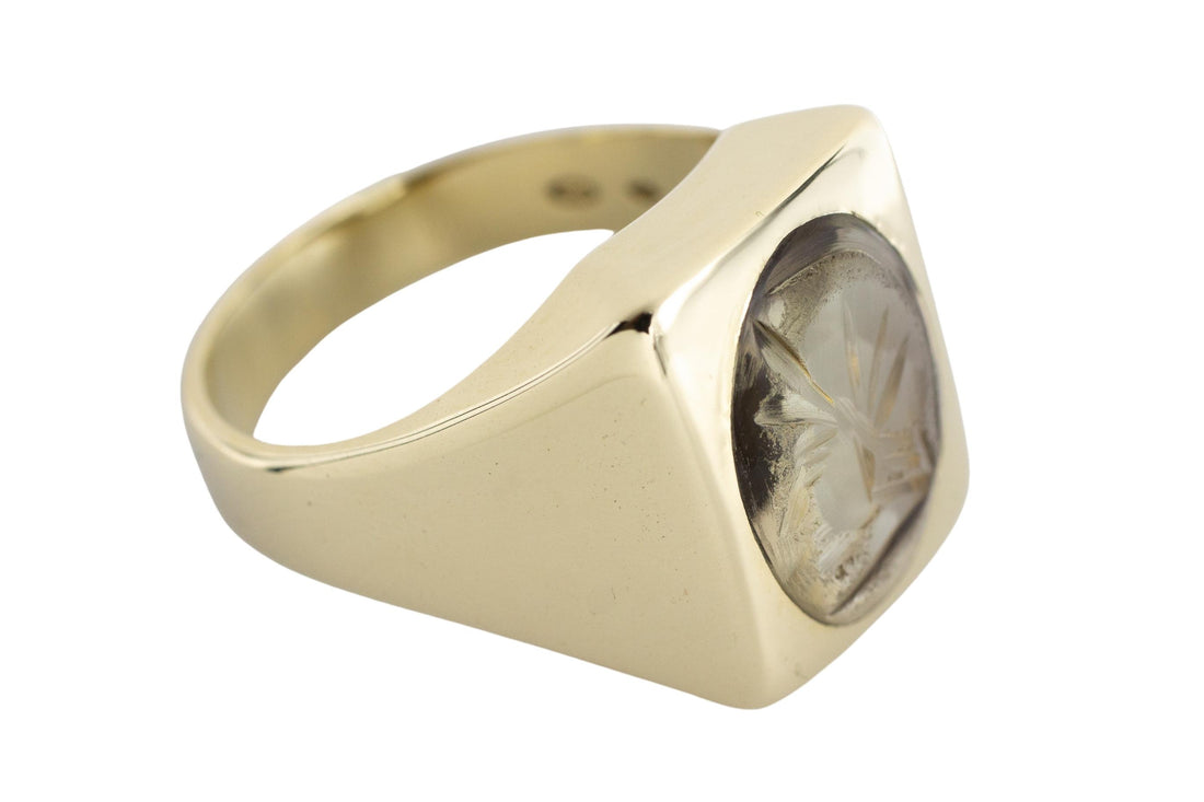 14 carat gold signet ring with a rock crystal intaglio-Vintage & retro rings-The Antique Ring Shop