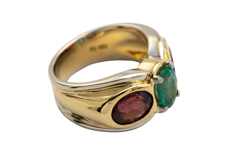 Emerald and garnet ring in 18 carat gold-Vintage & retro rings-The Antique Ring Shop