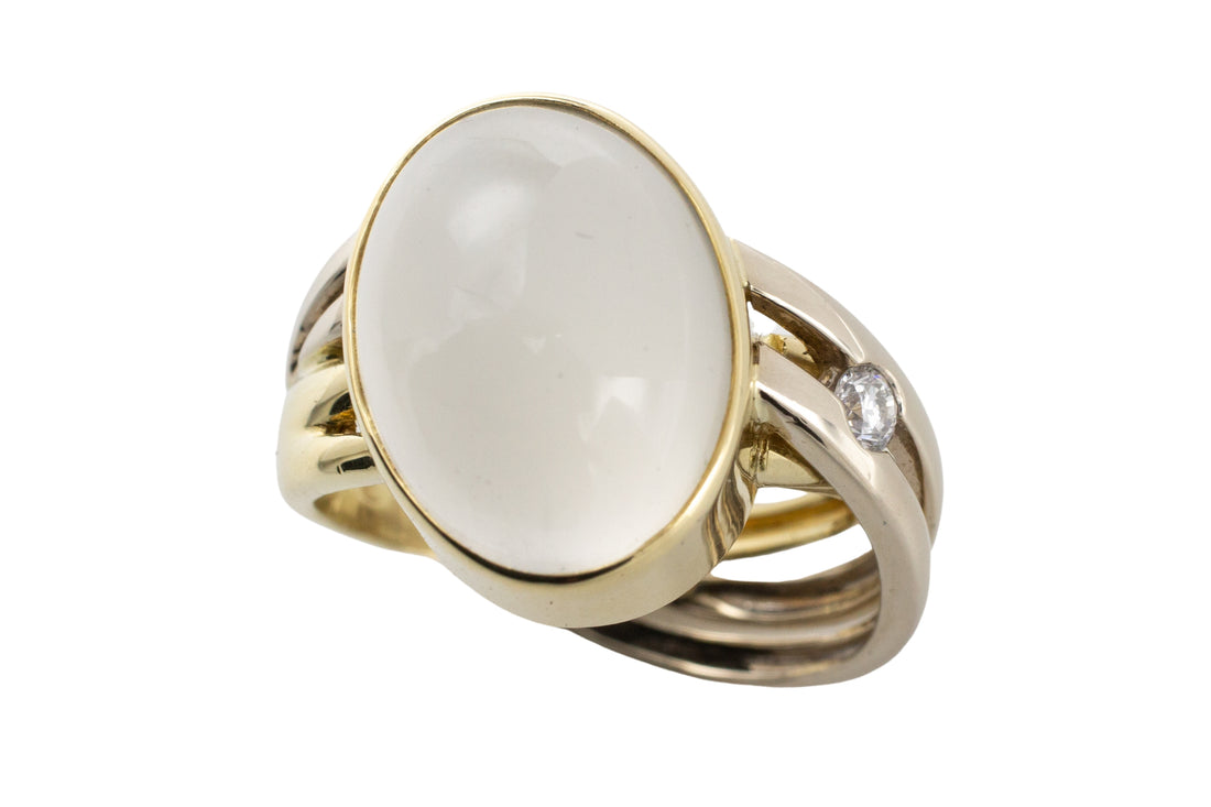 Moonstone and diamond ring in 14 carat gold-The Antique Ring Shop