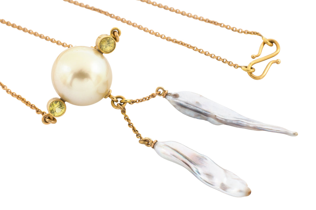 South sea pearl, keshi pearls and yellow sapphire pendant in 18 carat gold-Pendants-The Antique Ring Shop