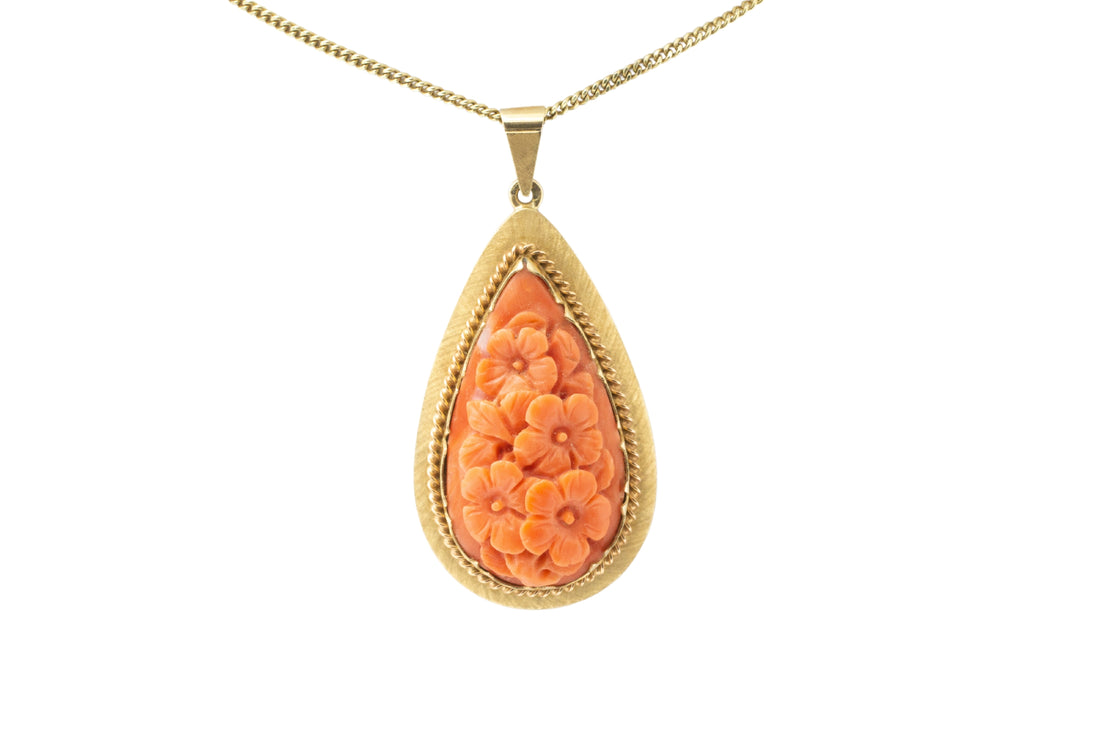 Carved coral pendant in 14 carat gold-Pendants-The Antique Ring Shop