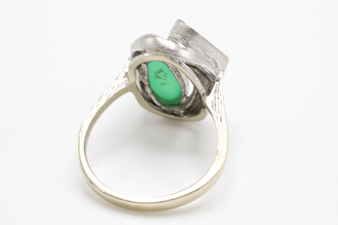 White gold ring with chrysoprase and diamonds-The Antique Ring Shop