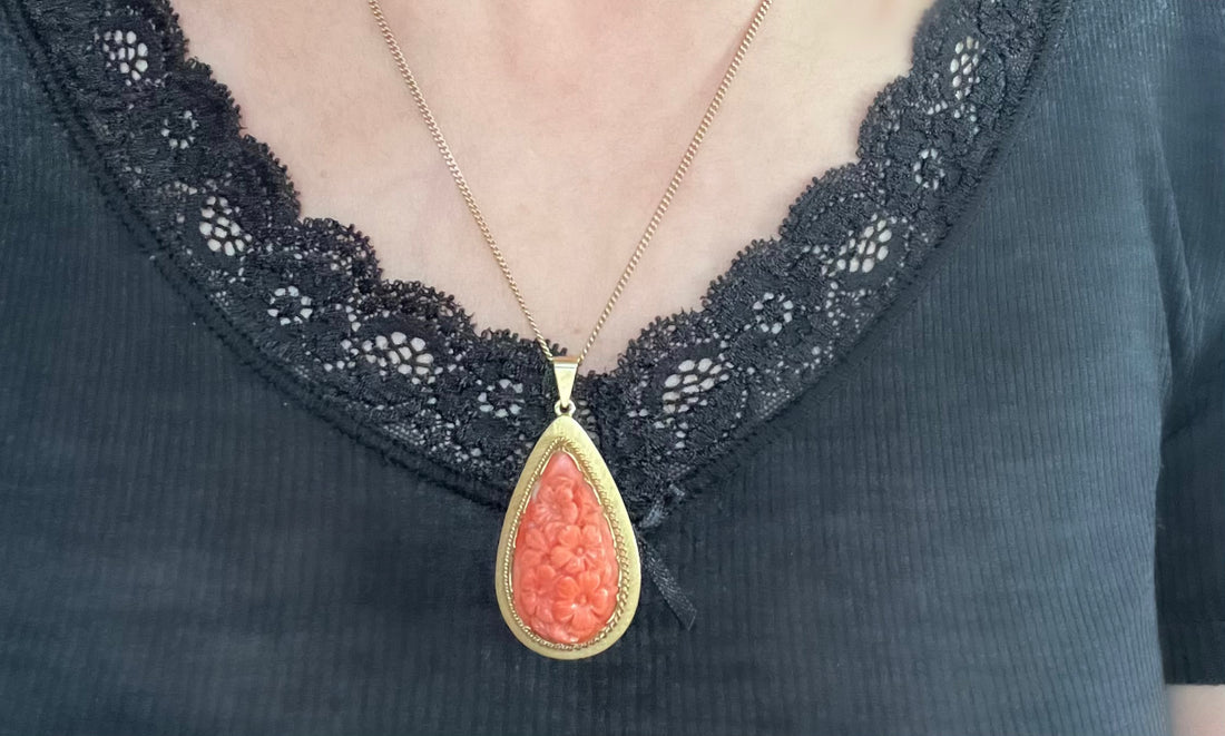 Carved coral pendant in 14 carat gold-Pendants-The Antique Ring Shop