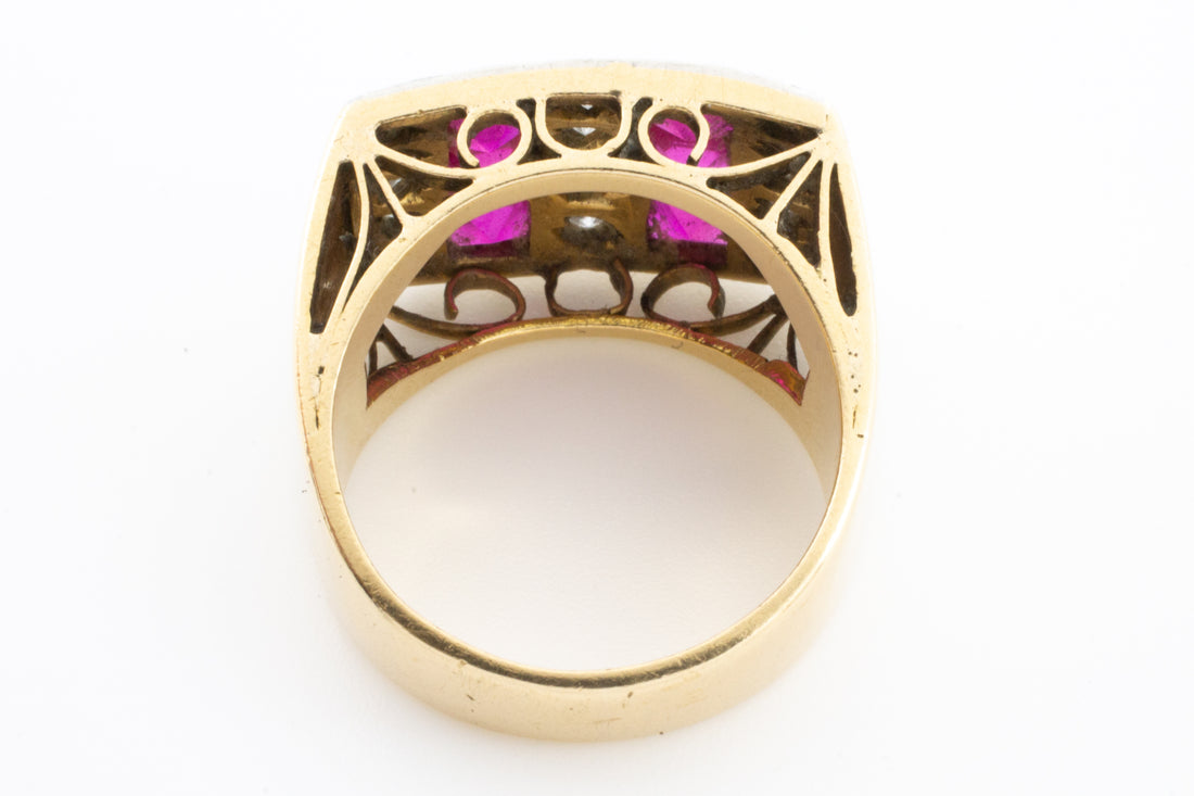 Vintage Art Deco style ring with synthetic rubies and diamonds-Vintage & retro rings-The Antique Ring Shop