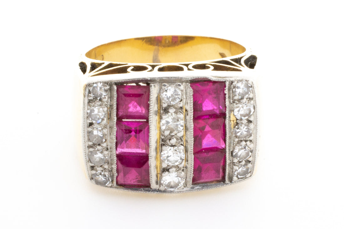 Vintage Art Deco style ring with synthetic rubies and diamonds-Vintage & retro rings-The Antique Ring Shop