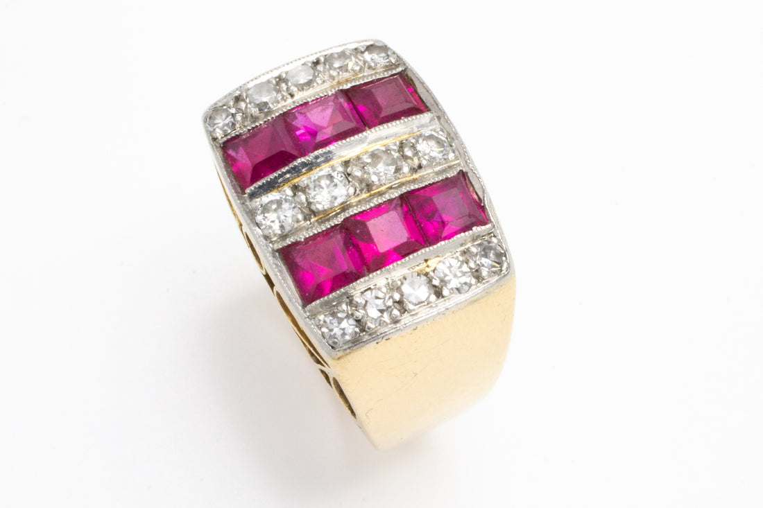 Vintage Art Deco style ring with synthetic rubies and diamonds-Vintage & retro rings-The Antique Ring Shop